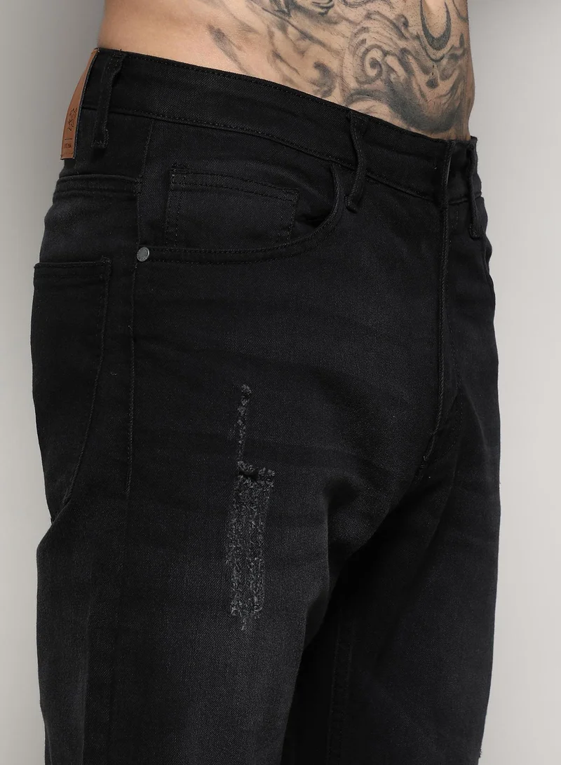CAHOOT  Men's Black Minimal Distressed Denim Jeans For Casual Wear | Dark-Wash | Regular Fit | Button Closure | Cotton Denim Jeans Crafted With Comfort Fit For Everyday Wear for Men | Best Price UAE
